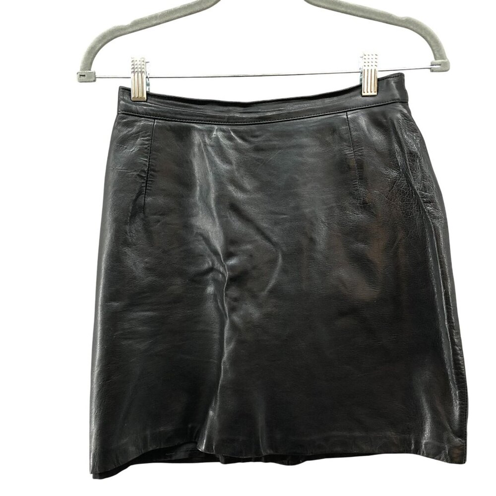 Vintage Maxima Genuine Leather‎ Mini Skirt Womens 26'' Waist (8) Black A-Line